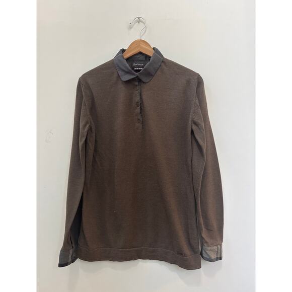 Barbour Womens Hepscott Merino Wool Brown Winter Tartan Long Sleeve Polo Size 10 - Picture 1 of 7